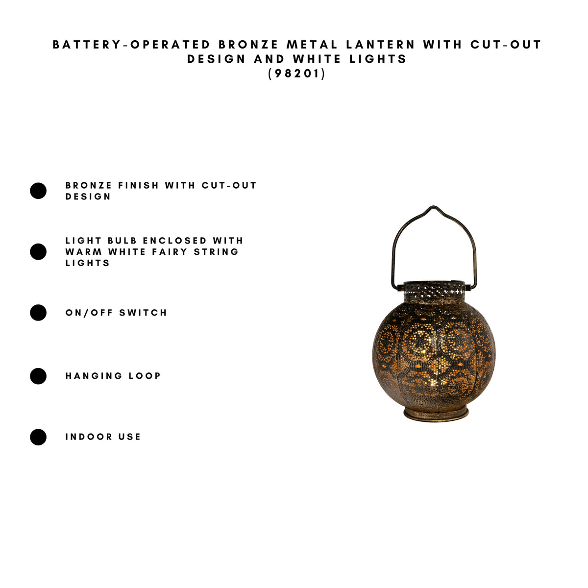 Battery-Operated Bronze Metal Lantern with Cut-Out Design and White Lights