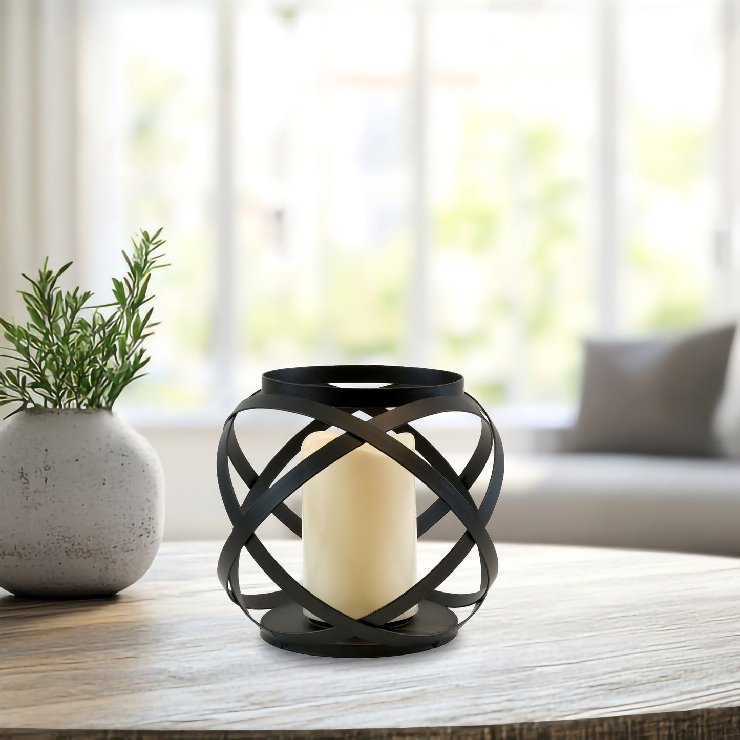 Black Banded Metal Lantern with Battery Operated Candle