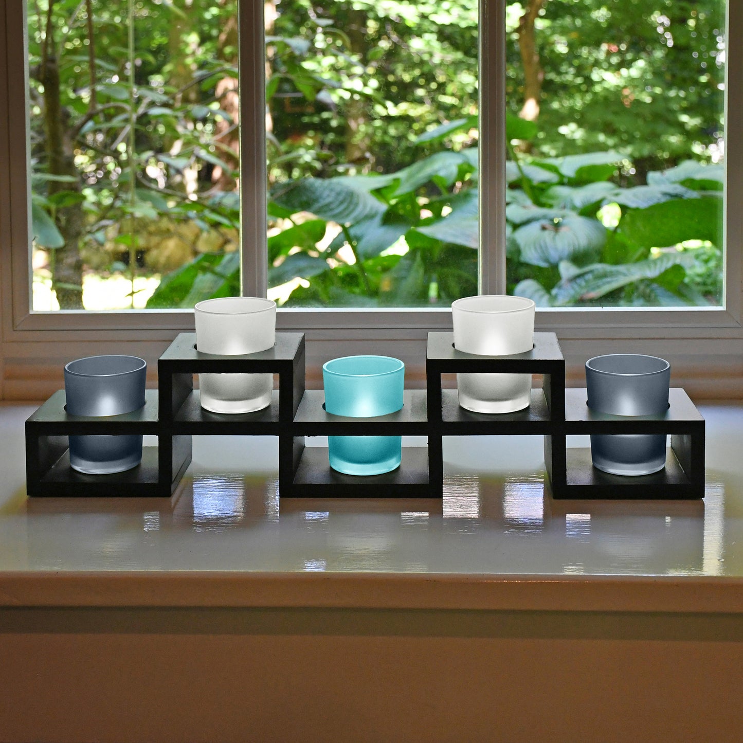 Wooden Candleholder with 5 Glass Holders