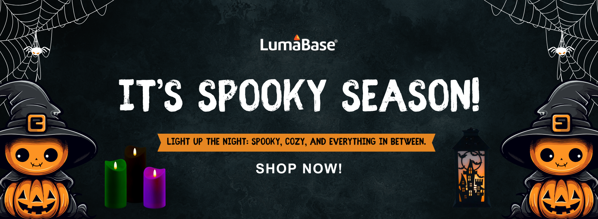Halloween-themed promotional banner for LumaBase with pumpkins and a candle on a dark background.