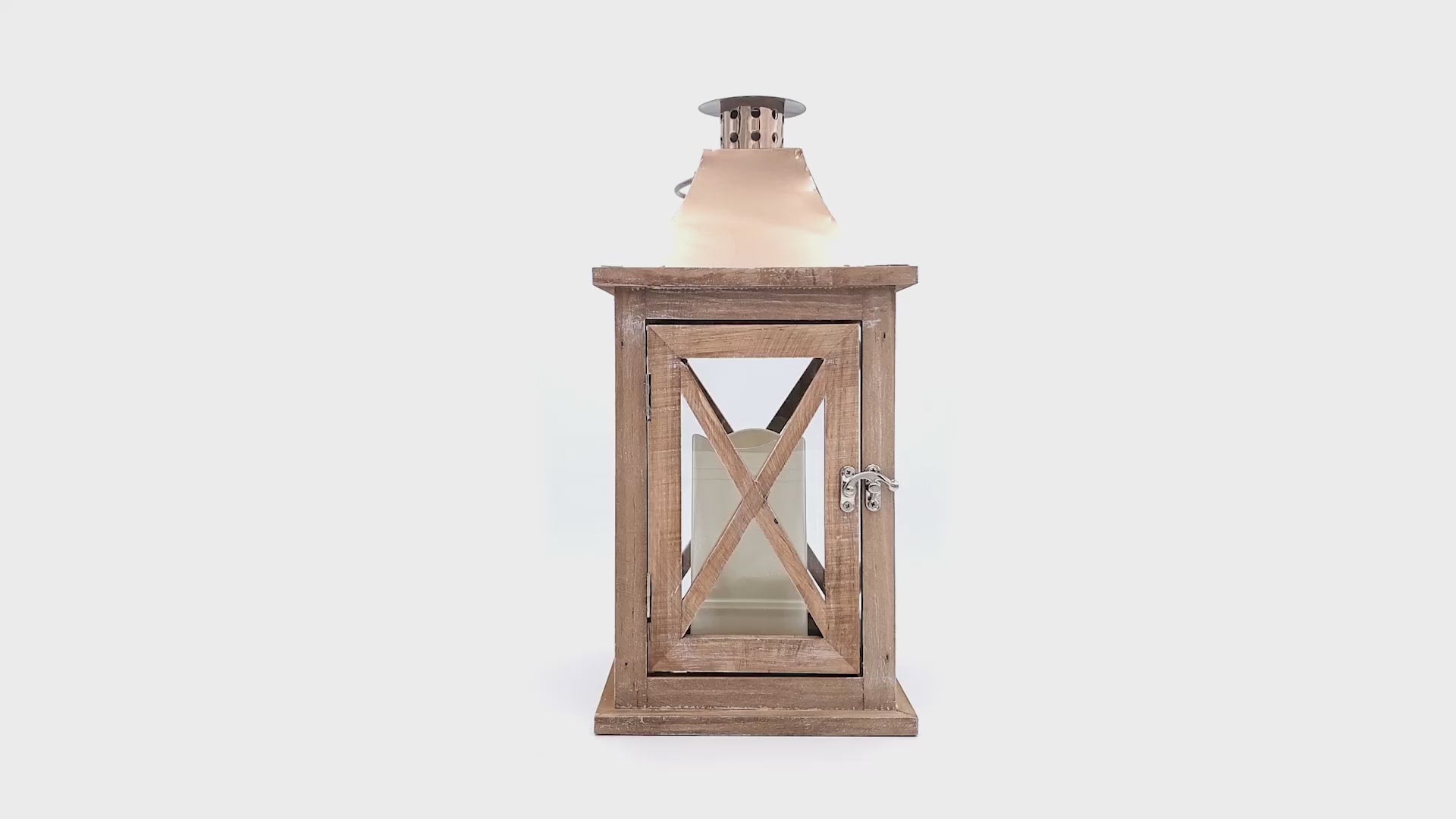 Wooden Lantern with Battery-Operated Candle - Natural with Copper