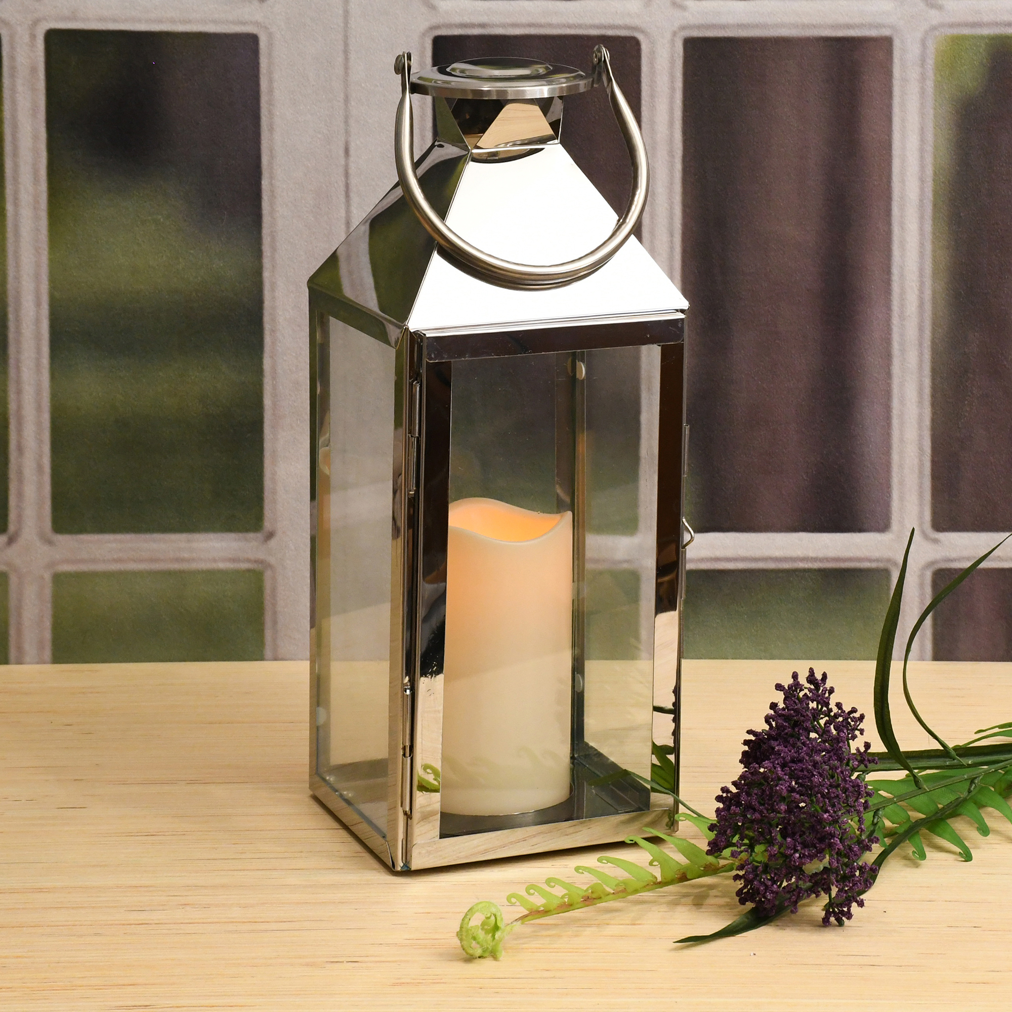Large Glass Chrome Lantern With Rope Handle Led Flickering Candle Effect 