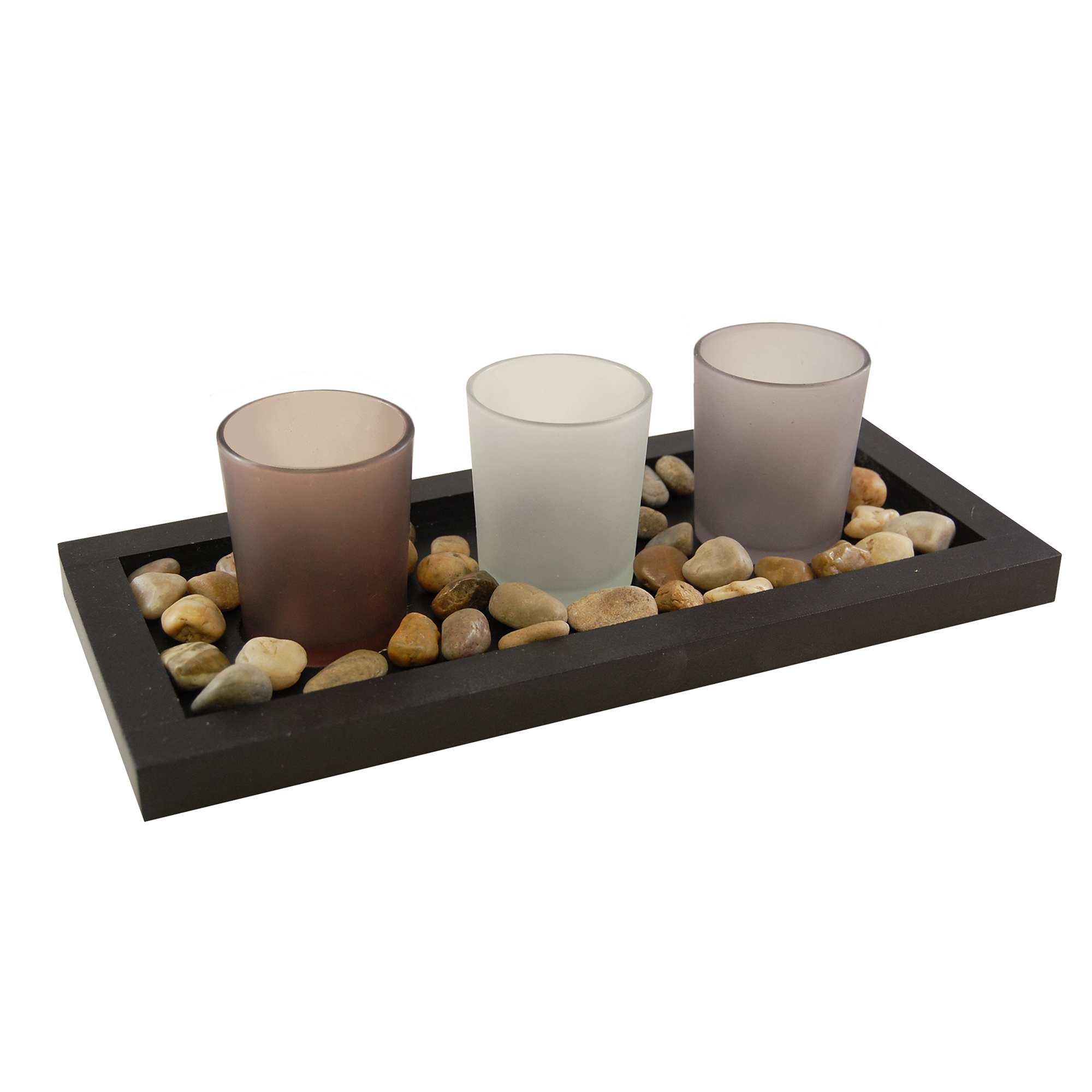 3 Candle Wooden Votive Tray w/Ceramic Bowls & Decorative Gravel Florettes 
