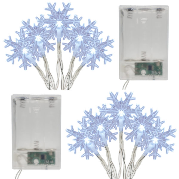 Snowflake String Lights Battery Operated LED Lights, set of 2 clear snowflakes.