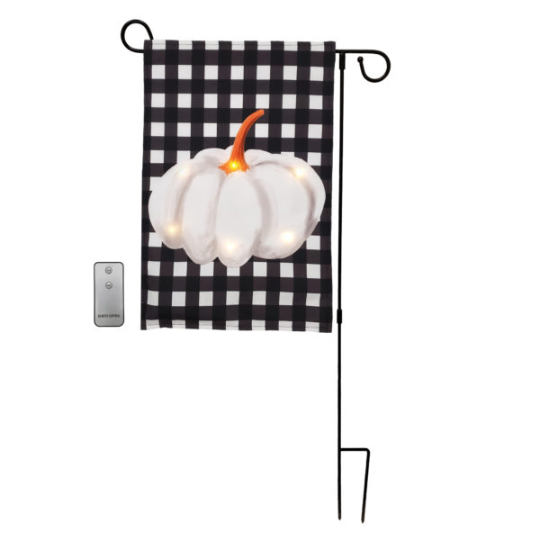 Fall garden flag stand with LED lights and remote control.