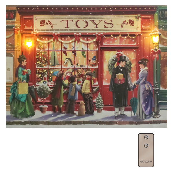 Winter lighted wall art with remote control LED lights of Victorian Holiday shop.