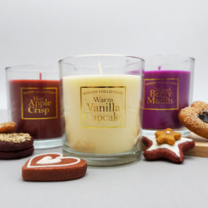 Vanilla, apple, and blueberry scented candles.