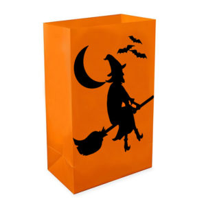 Luminaria Bags for Halloween, orange plastic bag with witch and moon design.