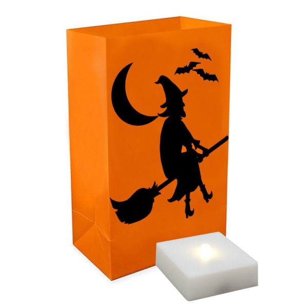 Halloween Luminaria Bags with Battery Operated Light and Witch Design.