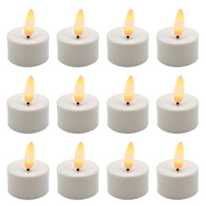 White battery operated tea lights with 3D wick.