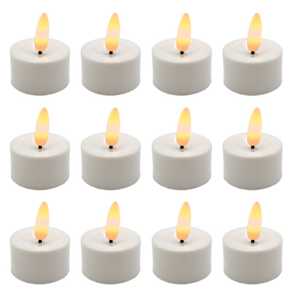 White battery operated tea lights with 3D wick.