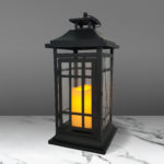 Battery Operated Outdoor Lanterns with Glowing LED Candles on Marble Table.