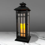 Flameless Candle Lantern with Battery Operated LED Candle Metal Lantern on Marble Table.