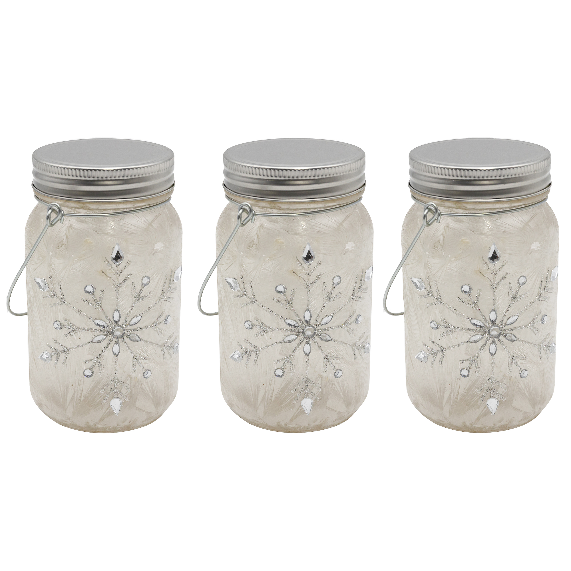 Battery Operated Silver Snowflake Glass Mason Jars - Set of 3